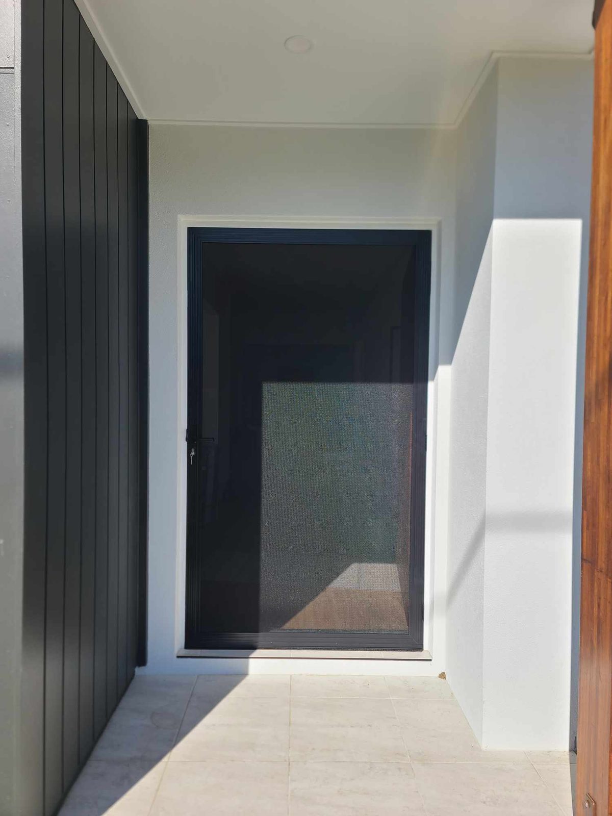Hinged security door on a modern entry with black feature cladding
